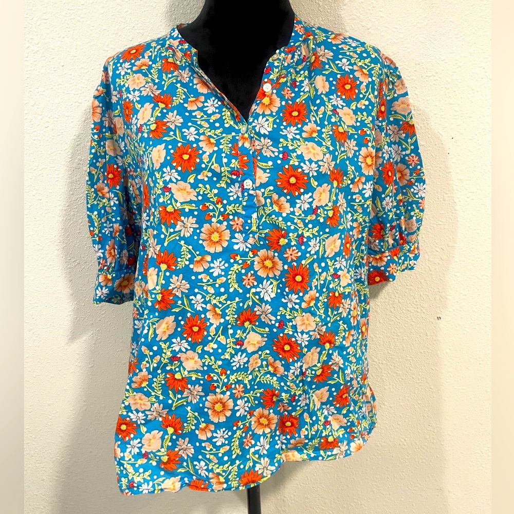LOFT outlet Floral Blue and Orange Women's Top- Size XL
